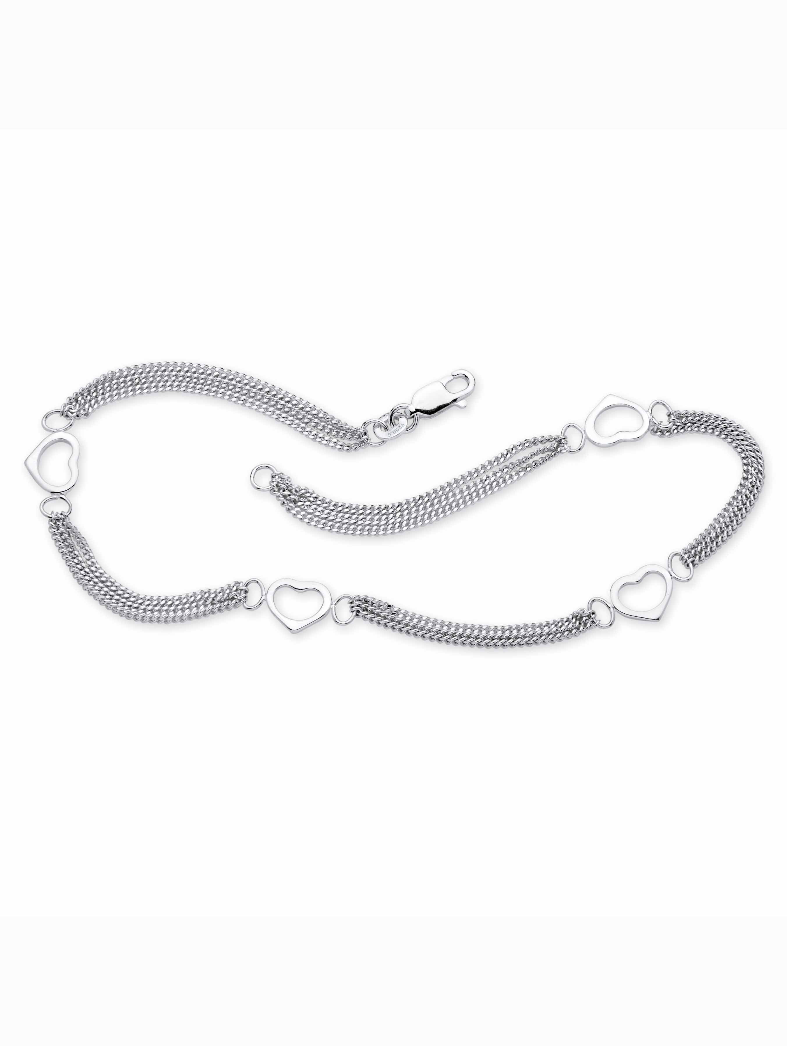 PalmBeach Jewelry Open Heart Station Triple-Strand Ankle Bracelet in Yellow Gold-Plated or Sterling Silver (7.5mm) 10"
