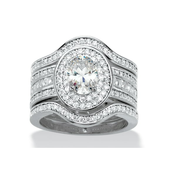 PalmBeach Jewelry Oval-Cut Cubic Zirconia 3-Piece Double Halo Wedding Ring Set 2.60 TCW Platinum-Plated