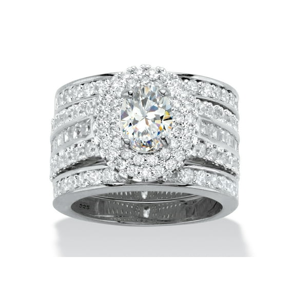 PalmBeach Jewelry Oval-Cut Cubic Zirconia 3-Piece Double Halo Wedding Ring Set 3.54 TCW in 14k Gold or Platinum Plated Sterling Silver