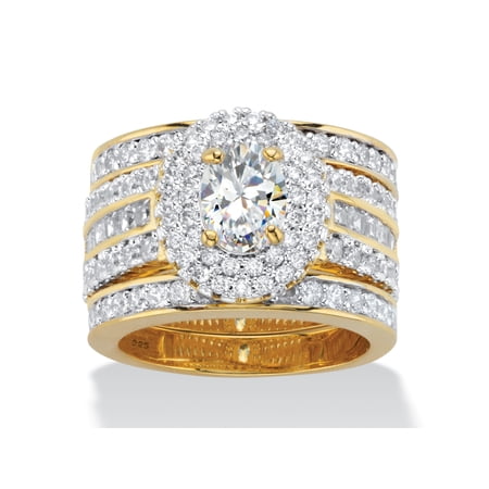PalmBeach Jewelry Oval-Cut Cubic Zirconia 3-Piece Double Halo Wedding Ring Set 3.54 TCW in 14k Gold or Platinum Plated Sterling Silver