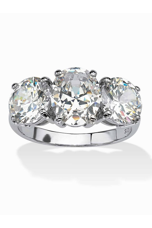 Oval-Cut Cubic Zirconia 3-Stone Bridal Engagement Ring 6.54 TCW in 18k Gold-Plated or Platinum-Plated Sterling Silver.
