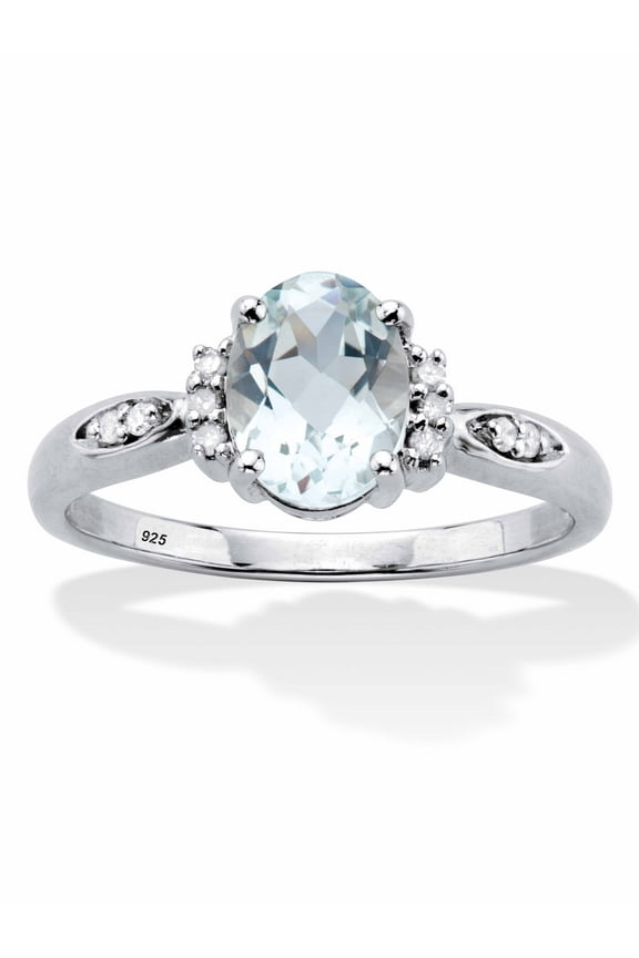 Oval Cut Genuine Aquamarine And Diamond Accent Ring 1.17 TCW Platinum Plated Sterling Silver