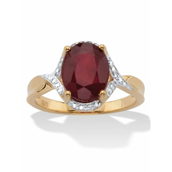 PalmBeach Jewelry Oval-Cut Genuine Red Ruby Two Tone Halo Ring 3.15 T.W. 14k Gold-Plated Sterling Silver