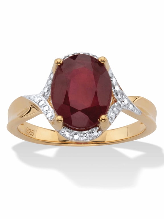 Oval-Cut Genuine Red Ruby Two Tone Halo Ring 3.15 T.W. 14k Gold-Plated Sterling Silver