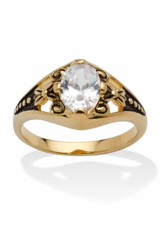 Oval-Cut Simulated Birthstone Filigree Ring in Antiqued Gold-Plated