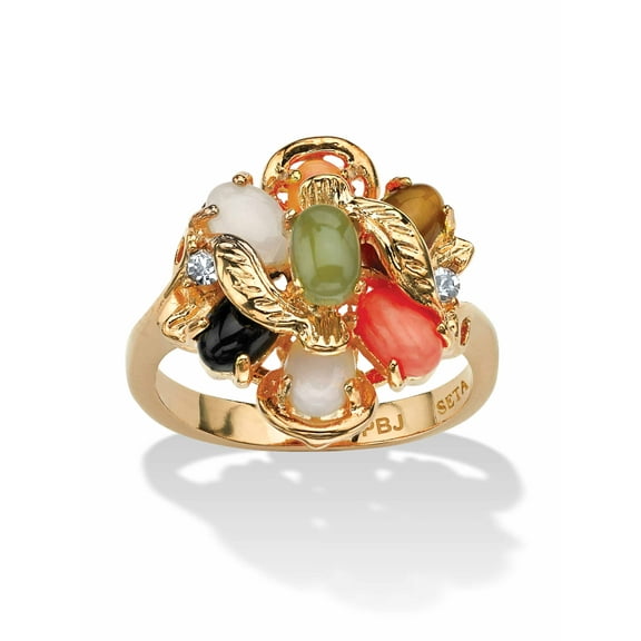 PalmBeach Jewelry Oval Genuine Coral, Opal, Jade, Onyx and Tiger's-Eye Cluster 18k Gold-Plated Ring