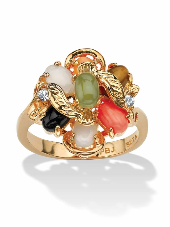 Oval Genuine Coral, Opal, Jade, Onyx and Tiger's-Eye Cluster 18k Gold-Plated Ring