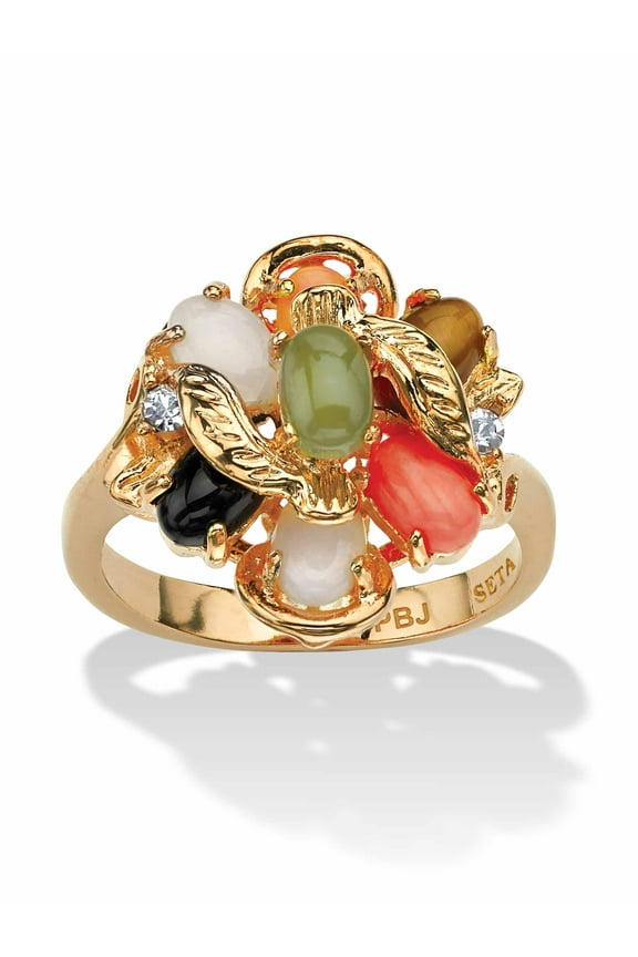 Oval Genuine Coral, Opal, Jade, Onyx and Tiger's-Eye Cluster 18k Gold-Plated Ring