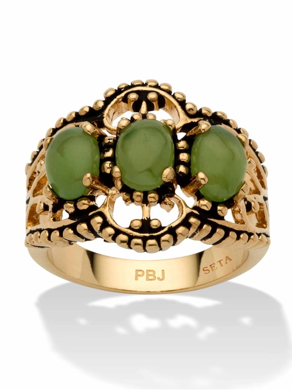 Oval Genuine Green Jade Antiqued Yellow Gold-Plated Triple-Stone Filigree Ring