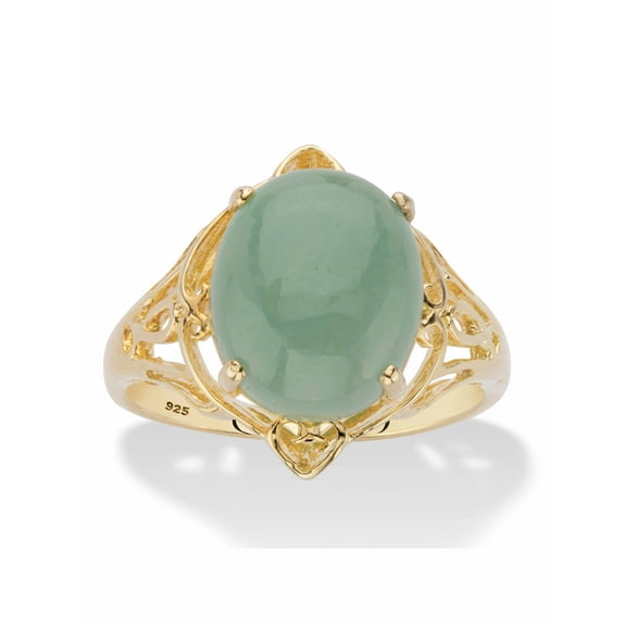 PalmBeach Jewelry Oval Genuine Green Jade Dome Scrolled Cabochon Ring in 14k Gold-plated Sterling Silver
