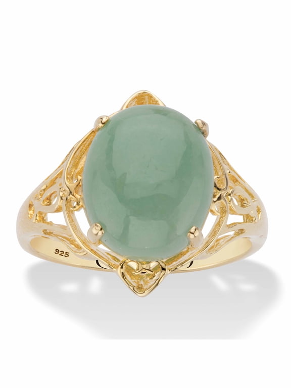 Oval Genuine Green Jade Dome Scrolled Cabochon Ring in 14k Gold-plated Sterling Silver