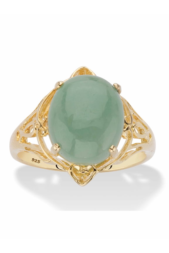 Oval Genuine Green Jade Dome Scrolled Cabochon Ring in 14k Gold-plated Sterling Silver