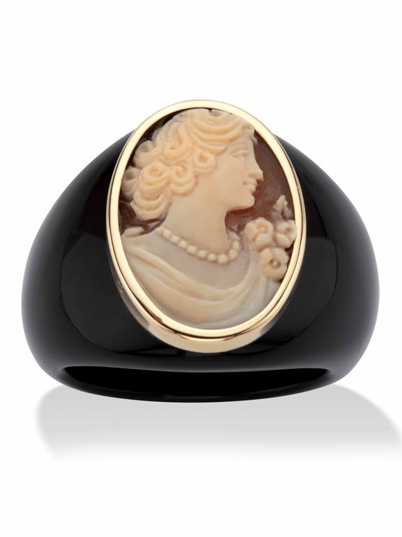 Oval-Shaped Genuine Shell Cameo Genuine Onyx 10k Yellow Gold Classic Cameo Ring