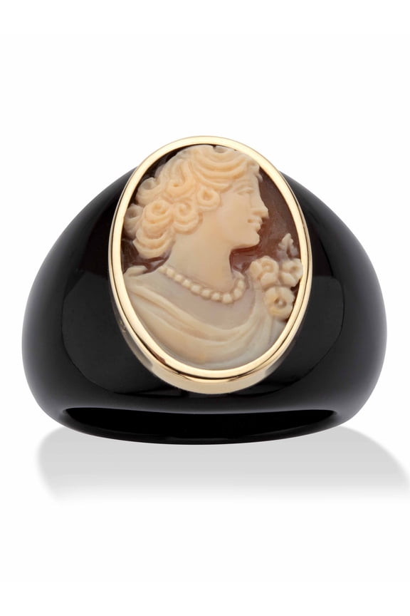 Oval-Shaped Genuine Shell Cameo Genuine Onyx 10k Yellow Gold Classic Cameo Ring