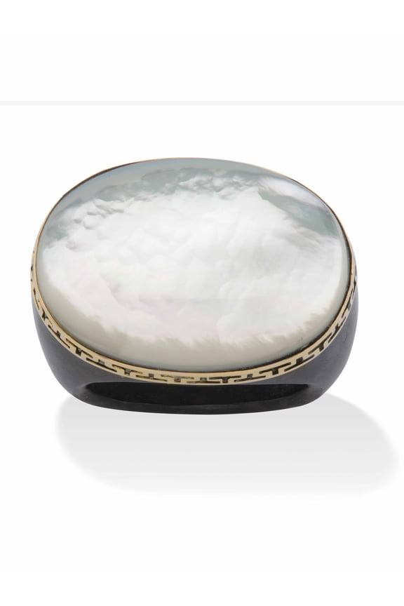 Oval-Shaped Mother-Of-Pearl Black Jade Greek Key Ring in 14k Gold