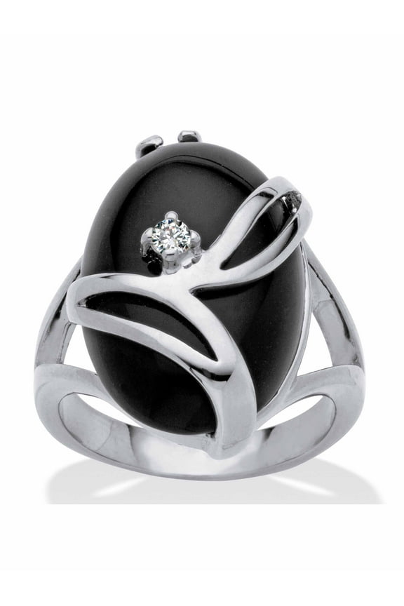 Oval-Shaped Onyx and Crystal Accent Cocktail Ring in Gold-Plated or Platinum-Plated