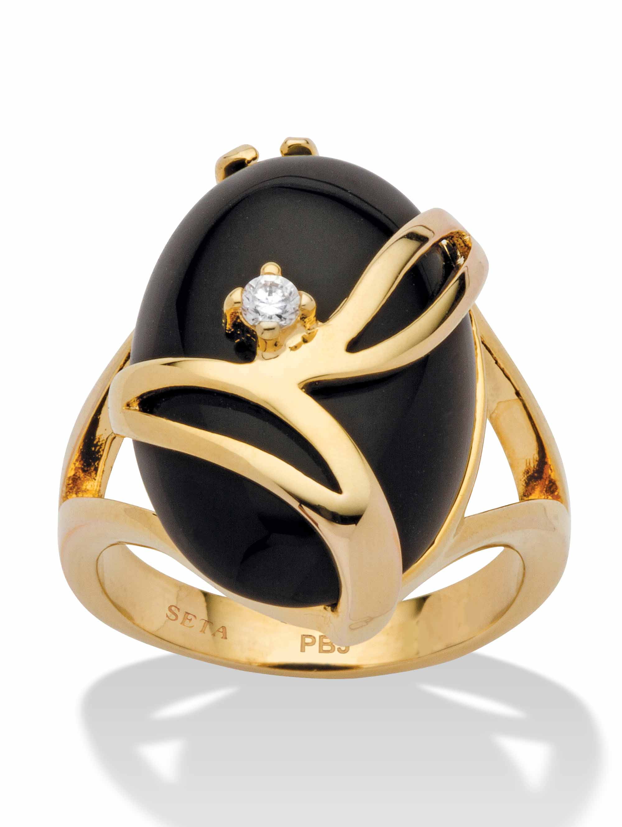 PalmBeach Jewelry Oval-Shaped Onyx and Crystal Accent Cocktail Ring in Gold-Plated or Platinum-Plated
