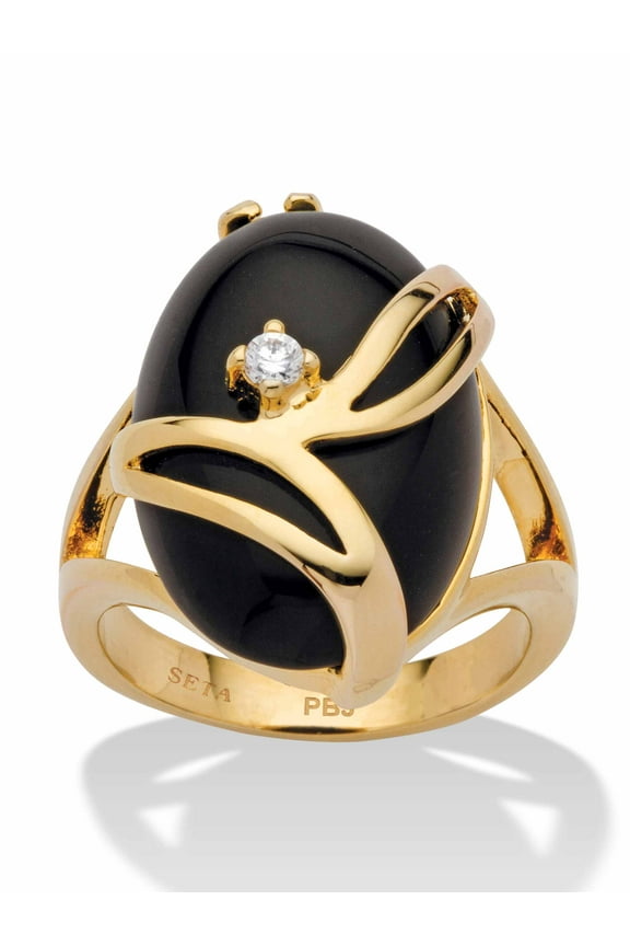 Oval-Shaped Onyx and Crystal Accent Cocktail Ring in Gold-Plated or Platinum-Plated