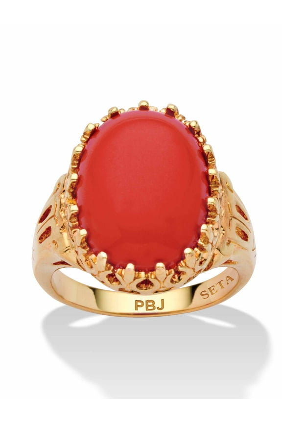Oval Simulated Coral Yellow Gold-Plated Cabochon Filigree Cocktail Ring
