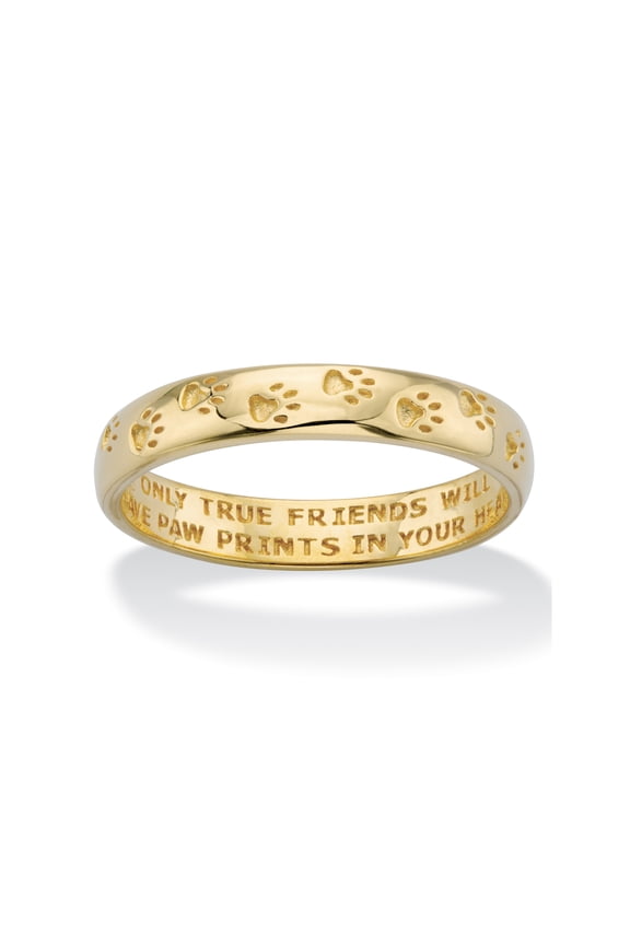 Paw Print Inscribed "Only True Friends" Stamped Band in Solid 10k Yellow Gold