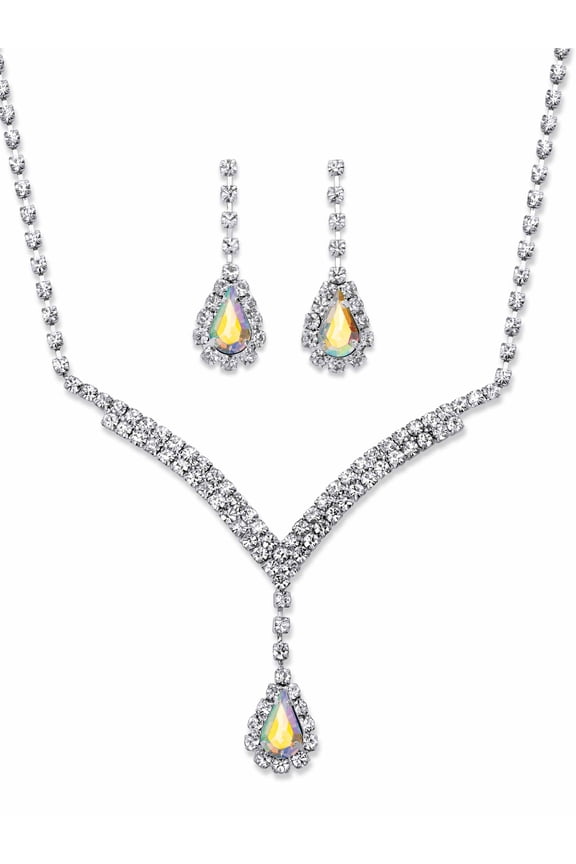 Pear-Cut Aurora Borealis Aquamarine or White Crystal 2-Piece Halo Drop Earrings and "Y" Necklace Set in Silvertone 13"-17"