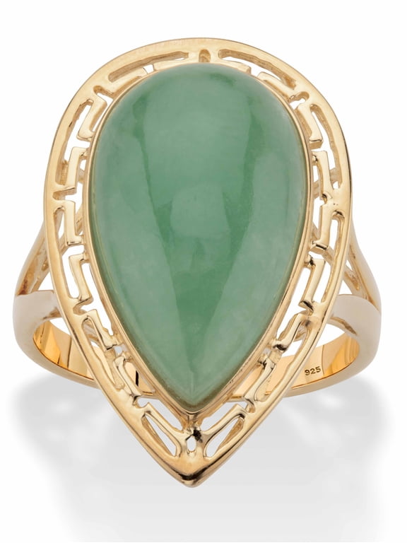 Pear-Cut Genuine Green Jade Cutout Halo Cabochon Ring in 14k Gold-plated Sterling Silver