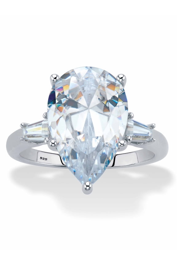 Pear-Cut and Tapered Baguette Cubic Zirconia Engagement Ring 6.03 TCW Platinum-plated Sterling Silver