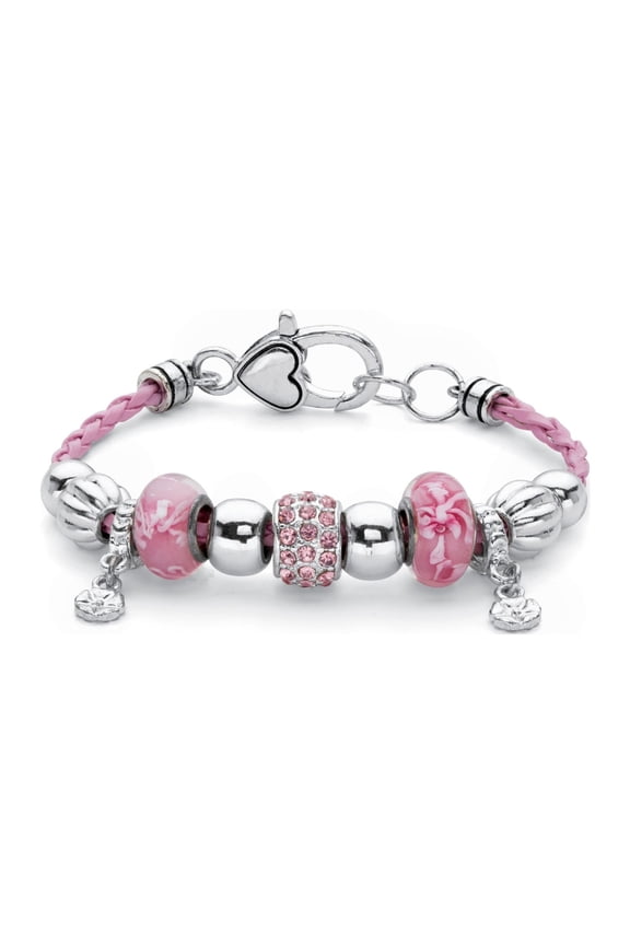 Pink Crystal Silvertone Bali-Style Beaded Charm Bracelet With Braided Pink Cord 7.5"