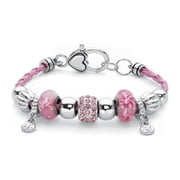 PalmBeach Jewelry Pink Crystal Silvertone Bali-Style Beaded Charm Bracelet With Braided Pink Cord 7.5"
