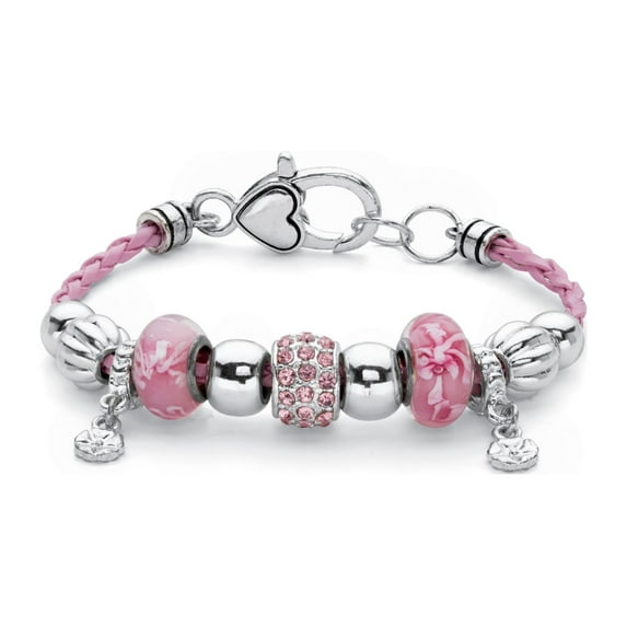 PalmBeach Jewelry Pink Crystal Silvertone Bali-Style Beaded Charm Bracelet With Braided Pink Cord 7.5"
