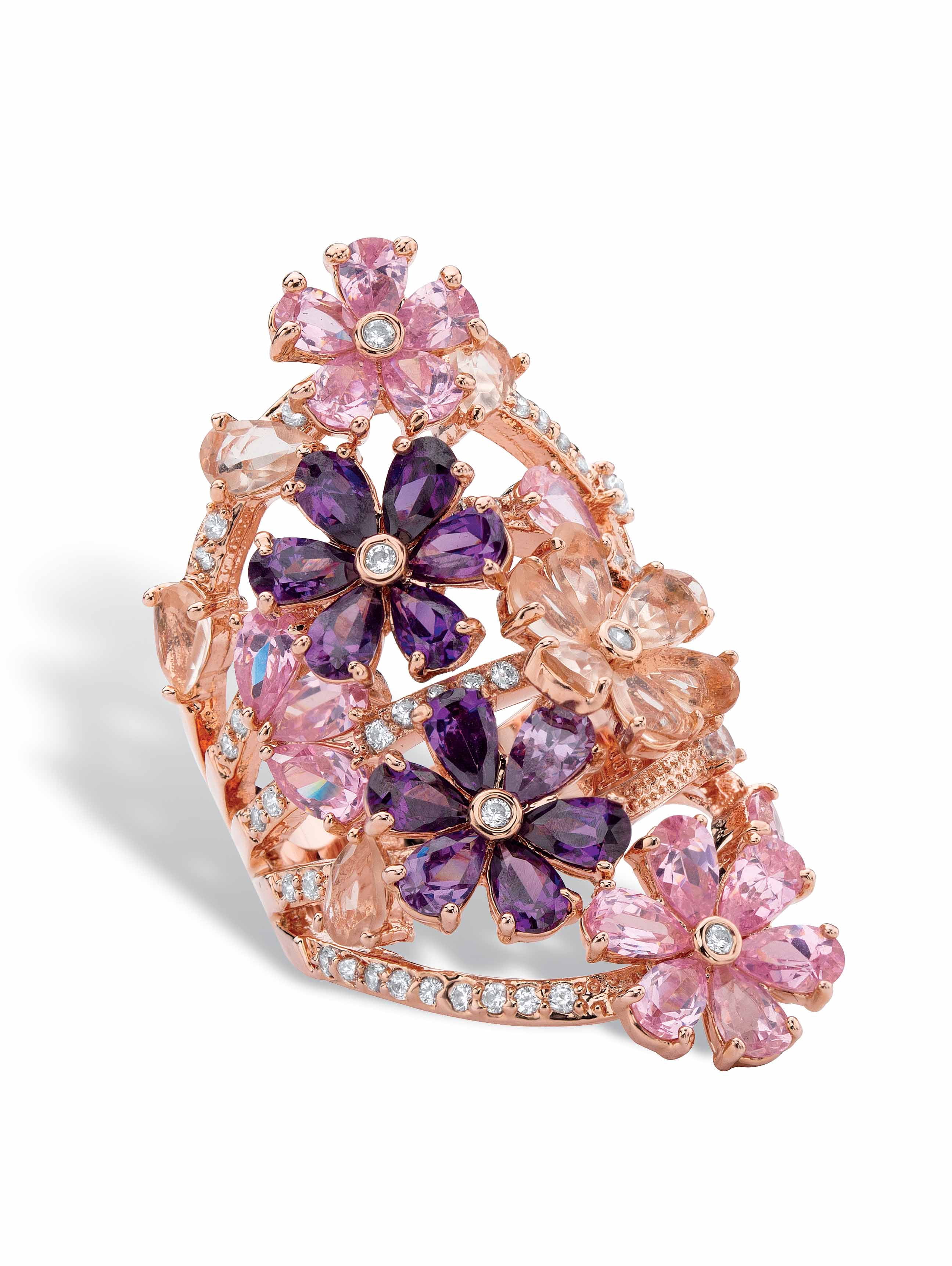 Palm Beach Rose Gold Plated Cluster Ring - Emerald Cut Pink & Purple Cubic Zirconia, Sizes 6-10 - View #5