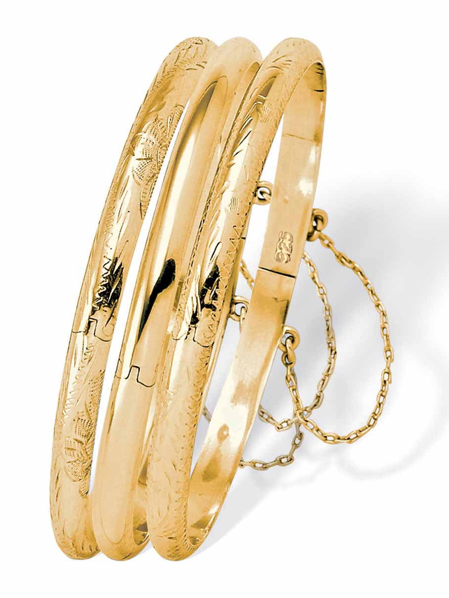 PalmBeach Jewelry Polished, Engraved and Floral Three-Piece Bangle Set in Yellow Gold-Plated or Sterling Silver