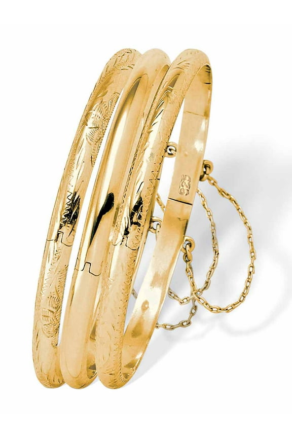 Polished, Engraved and Floral Three-Piece Bangle Set in Yellow Gold-Plated or Sterling Silver