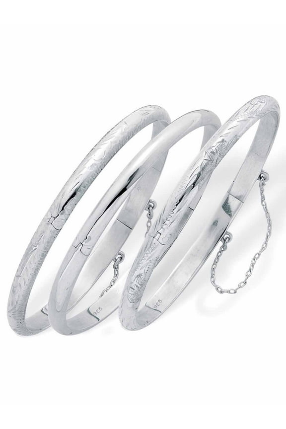 Polished, Engraved and Floral Three-Piece Bangle Set in Yellow Gold-Plated or Sterling Silver