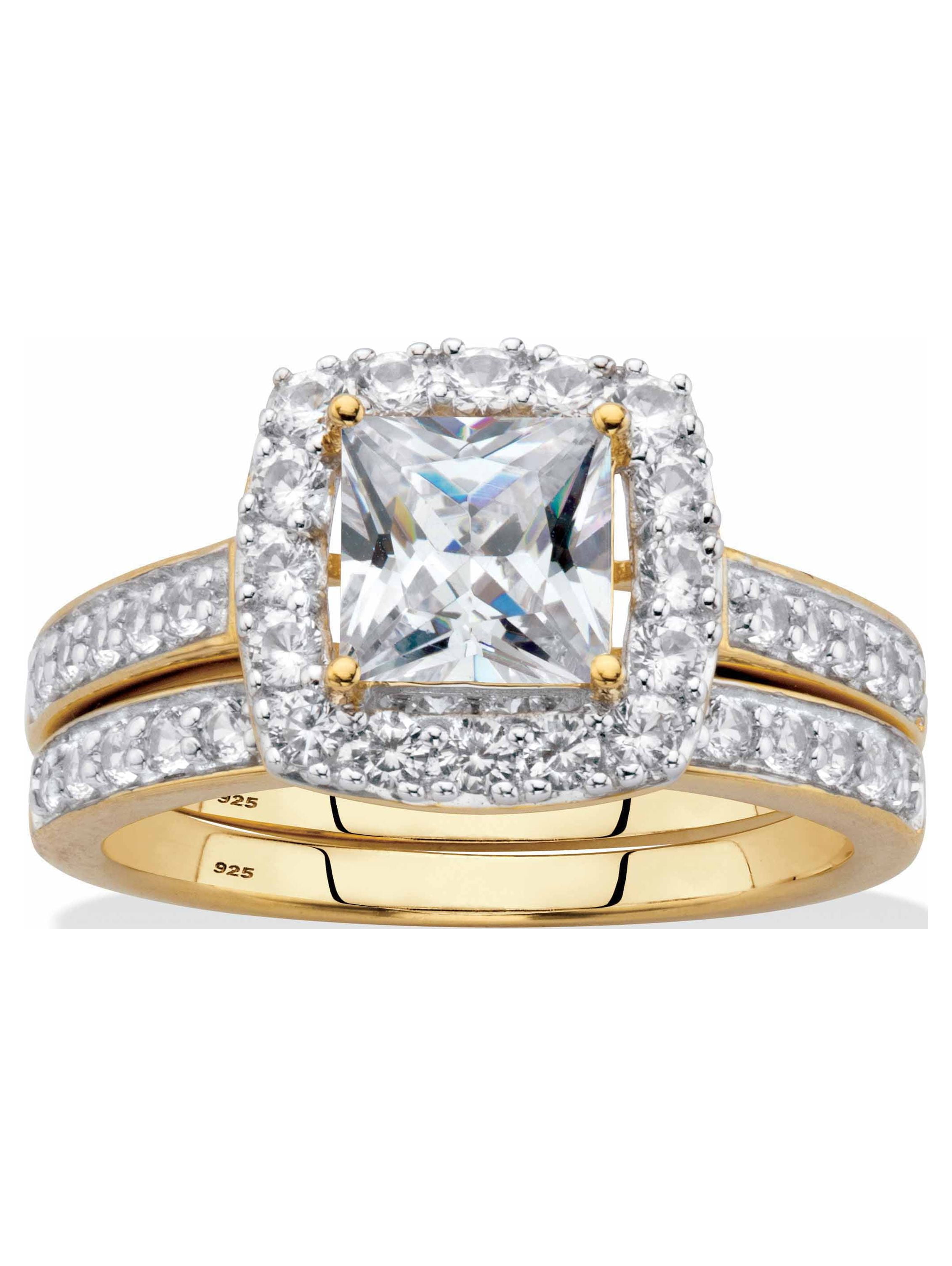 PalmBeach Jewelry Princess Cut Created White Sapphire 2 Piece Halo Wedding Ring Set 2.60 TCW in Gold Plated or Platinum Plated Sterling Silver