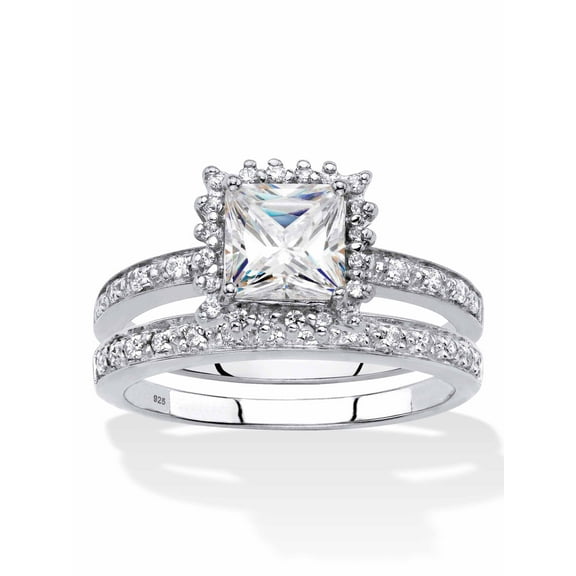 PalmBeach Jewelry Princess-Cut Created White Sapphire and Genuine Diamond 2-Piece Halo Wedding Ring Set 1.53 TCW in Platinum-plated Sterling Silver