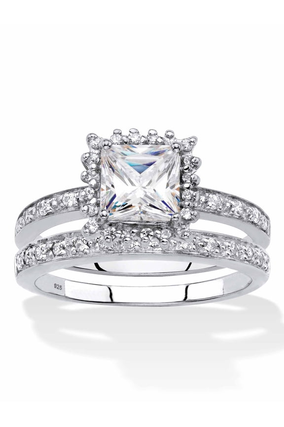 Princess-Cut Created White Sapphire and Genuine Diamond 2-Piece Halo Wedding Ring Set 1.53 TCW in Platinum-plated Sterling Silver