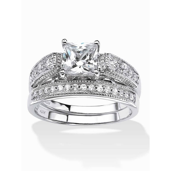 PalmBeach Jewelry Princess-Cut Cubic Zirconia 2-Piece Vintage Bridal Ring Set 1.50 TCW in Solid 10k White Gold