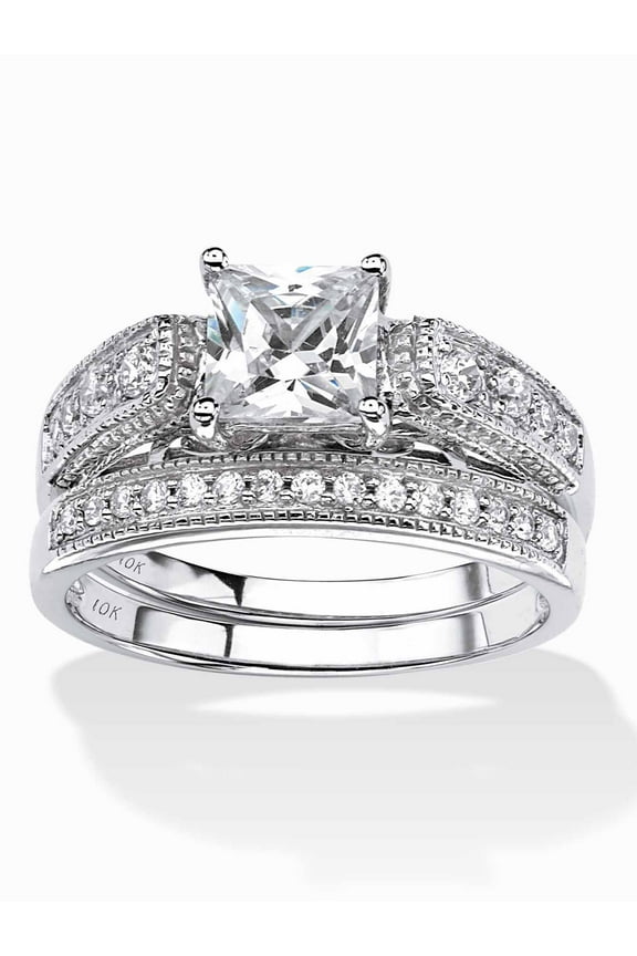 Princess-Cut Cubic Zirconia 2-Piece Vintage Bridal Ring Set 1.50 TCW in Solid 10k White Gold