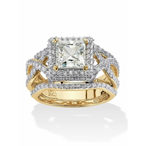 PalmBeach Jewelry Princess-Cut Cubic Zirconia 3-Pc. Crossover Halo Bridal Ring Set 2.82 TCW in Yellow Gold-Plated or Platinum-Plated Sterling Silver