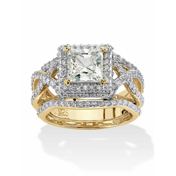 PalmBeach Jewelry Princess-Cut Cubic Zirconia 3-Pc. Crossover Halo Bridal Ring Set 2.82 TCW in Yellow Gold-Plated or Platinum-Plated Sterling Silver