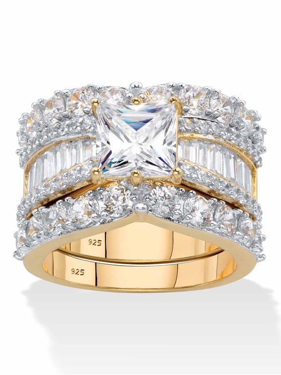 Princess-Cut Cubic Zirconia 3-Piece Bridal Ring Set 4.48 TCW in Yellow Gold-Plated or Platinum-Plated Sterling Silver