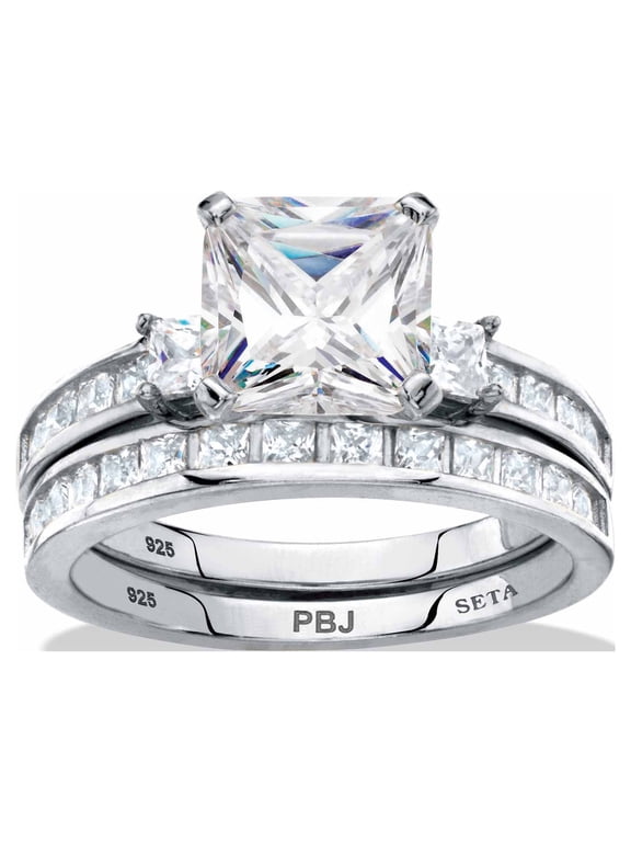 Princess-Cut Halo Cubic Zirconia 2-Piece Wedding Ring Set 3.62 TCW in Gold-Plated or Platinum-Plated Sterling Silver