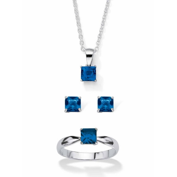 PalmBeach Jewelry Princess-Cut Simulated Birthstone 3-Piece Pendant Necklace, Stud Earrings and Ring Set in Sterling Silver 18"