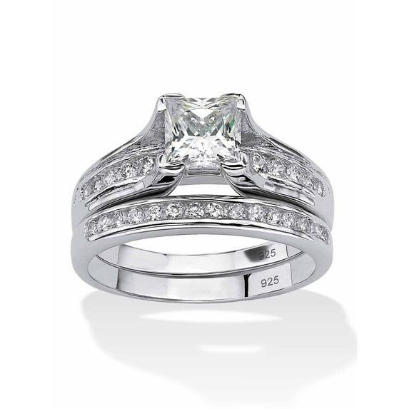 PalmBeach Jewelry Princess Cut Two Piece Bridal Set Cubic Zirconia or Created Blue Sapphire in Platinum Plated .925 Sterling Silver