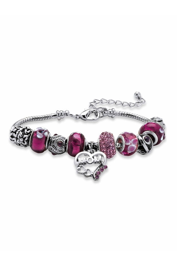 Purple Crystal Bali-Style Beaded Mom Charm Bracelet in Silvertone