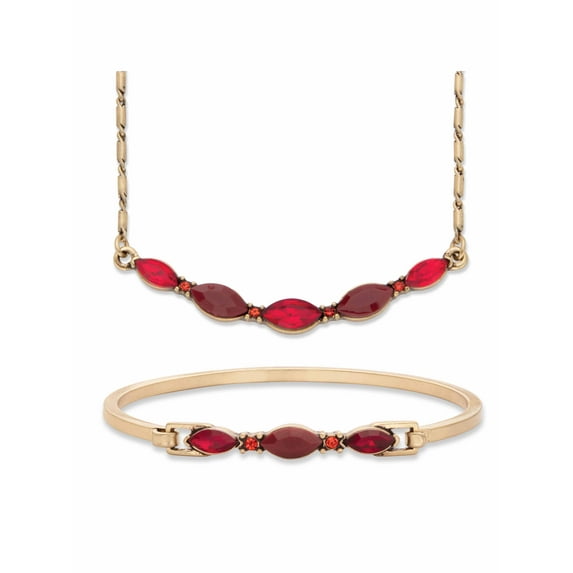 PalmBeach Jewelry Red Marquise-Cut Crystal 2-Piece Barrel-Link Necklace 17"-19" and Bangle Bracelet 7" Set in Goldtone