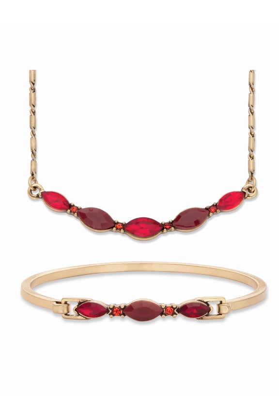 Red Marquise-Cut Crystal 2-Piece Barrel-Link Necklace 17"-19" and Bangle Bracelet 7" Set in Goldtone