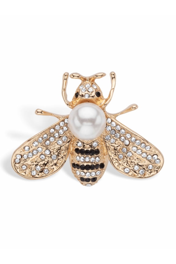 Round Black and White Crystal Bee Pin With Simulated Pearl Goldtone 1 1/4" Length