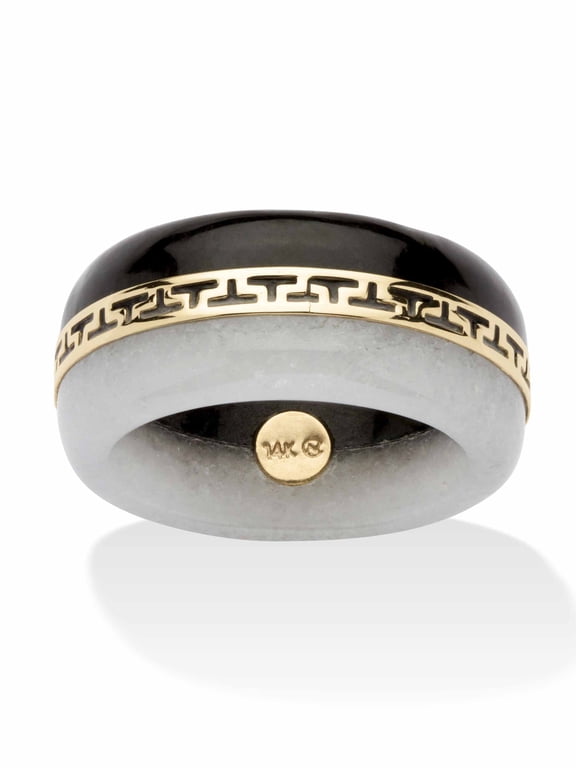 Round Black and White Genuine Jade 14k Yellow Gold "Greek Key" Ring